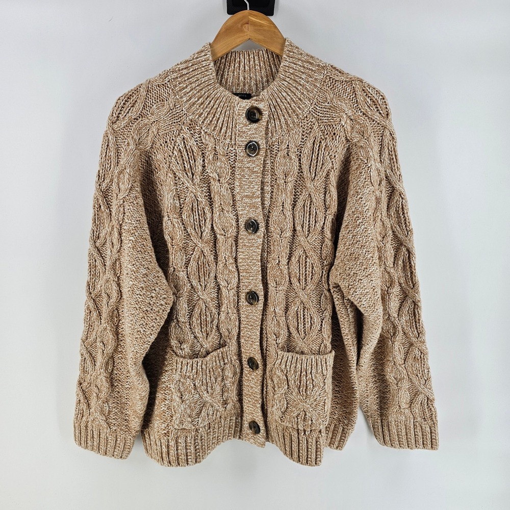 Talbots Tan Cable Knit Cardigan 2X Cotton Button Front Marled Prep Classic NWOT